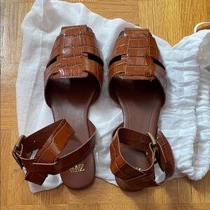Zara Brown Croc-Embossed Fisherman Sandals